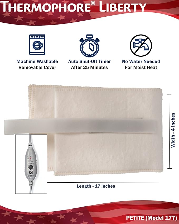 Assembled in - Thermophore Liberty 2 Moist heating pad for arthritis, back, neck, shoulder pain and cramps relief - Electric, 3 Temp Settings with auto shut off & specialty cover, Petite 4"x17" Rolled
