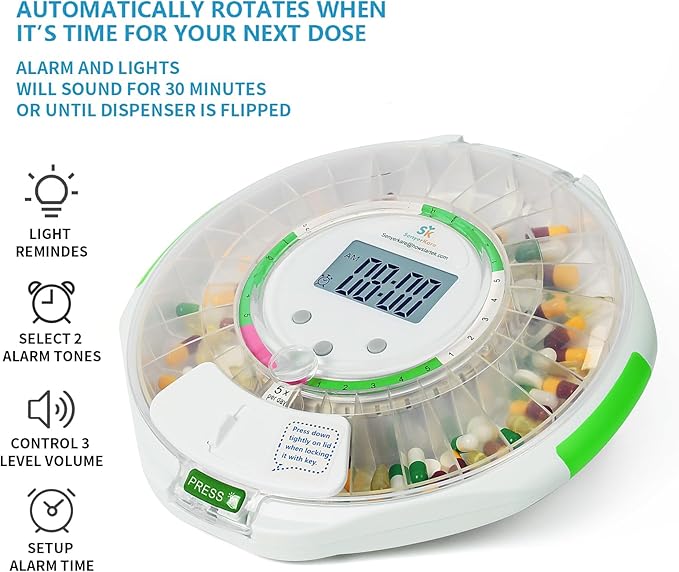 Automatic Pill Dispenser w/Alarm, Sound & Light, 28-Day Locked Medication Dispenser w/Easy-Read Display, up to 6 Alarms/Day, 9 Dosage Templates for Prescriptions, Vitamins & More, Clear Lid