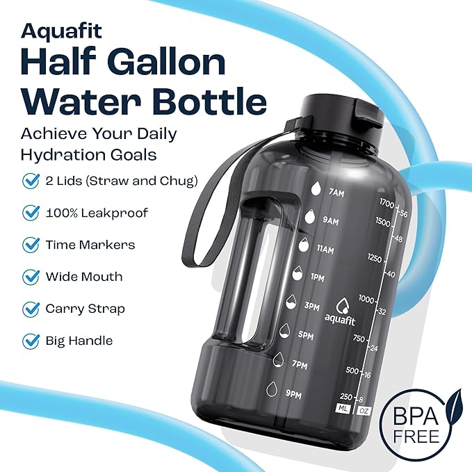 AQUAFIT 64 oz Water Bottle with Time Marker - Straw & Chug Lid - BPA Free Half Gallon Gym Water Bottle with Handle - Big Gallon Jug (Blue, 64 Ounces)