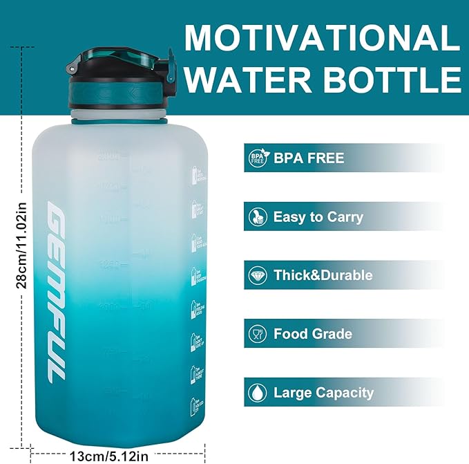 GEMFUL 2.2L Motivational Water Bottle with Straw & Measurements BPA-Free Half Gallon Jug for Gym Fitness Leakproof with Handle (Cyan)