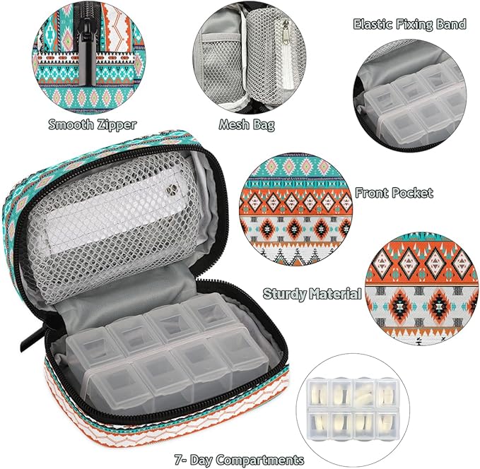 Aztec Western Ethnic Pill Box Small Travel Organizer 7 Day Weekly Geometric Medicine Case Cute Compact Size Vitamin Container Portable Pill Holder Bag with Zipper