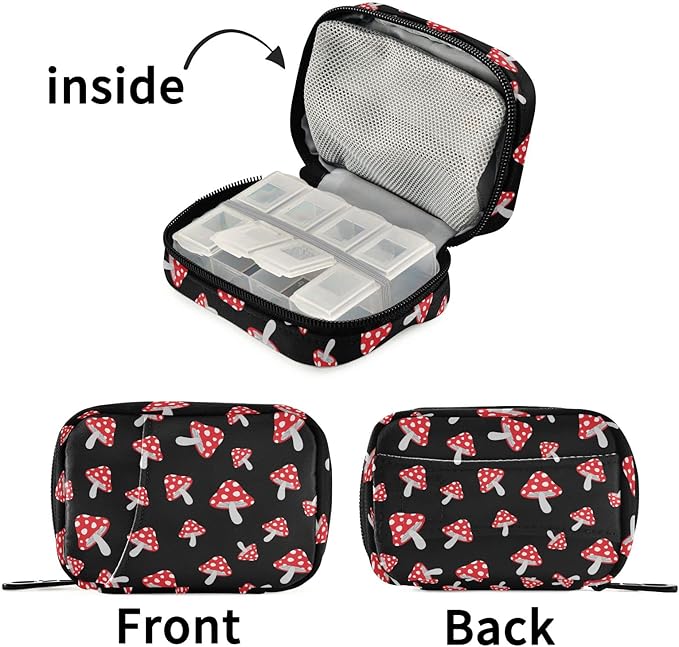 Cute Mushroom Pill Case, Portable Weekly Pill Box Bag Container 7 Days Pill Organizer Vitamin Supplement Holder with Zipper for Travel Family Business