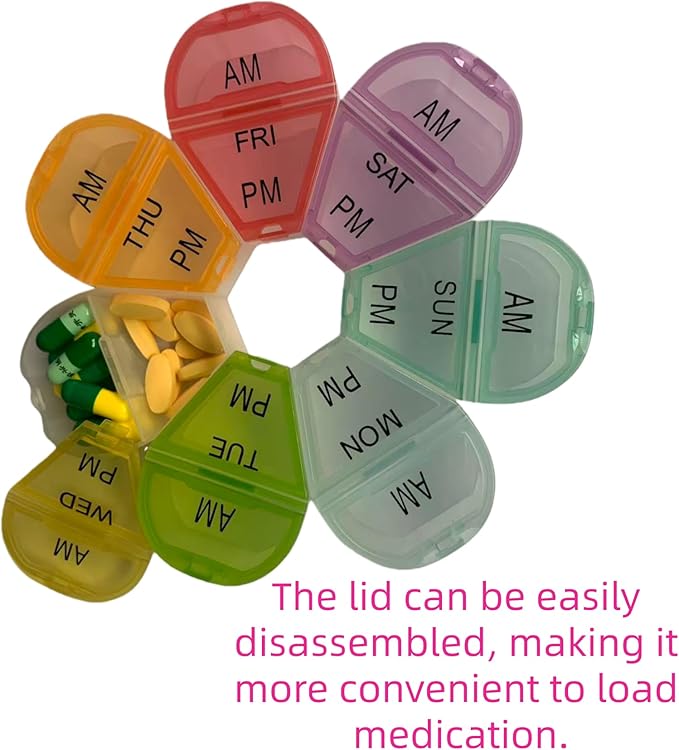 Cute 7 Day AM PM Pill Organizer, Twice a Day Weekly Pill Box with 7 Color Coded Compartments, Flower Shape Portable Travel Pill Case for Vitamins, Supplements and Medications (Multicolor, Large)