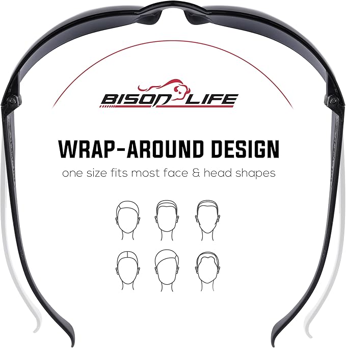 BISON LIFE Safety Glasses - Scratch Resistant Wrap Around Eyewear, Polycarbonate ANSI Z87.1 Impact Resistant Lens