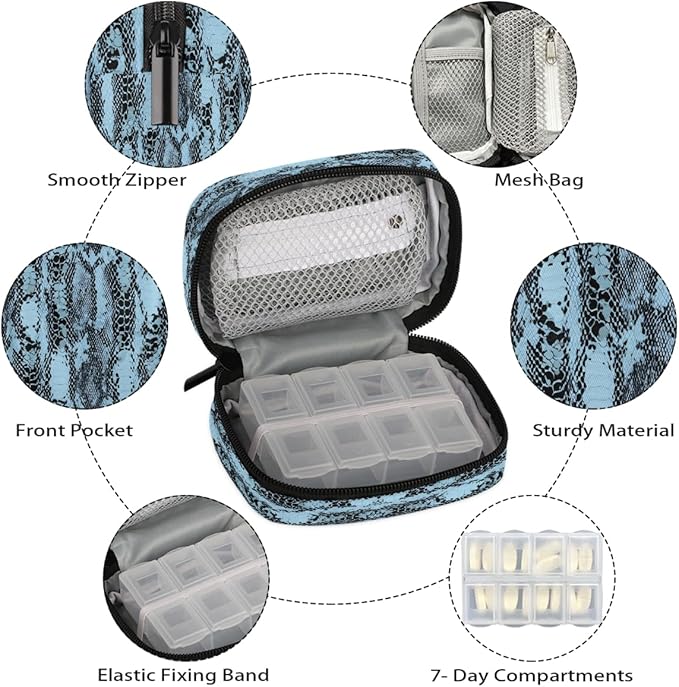 Blue Snakeskin Pill Case Everyday Travel, 7 Day Weekly Medicine Pill Box Compact Portable Pills Bottle Organizer with Zipper for Daily Vitamin Medicine Holder Bottle Organizers Bag