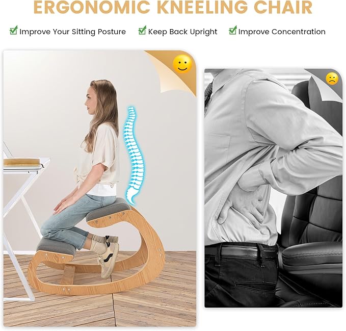 Ergonomic Kneeling Chair, Wooden Posture Chair W/Extra Padding for Back Neck Pain Relief & Improving Posture, Rocking Meditation Stool W/Knee Support for Home Office (Grey)