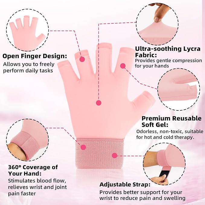 2pcs Finger Arthritis Compression Hand Ice Pack Gloves for Pain Relief, Adjustable Pink Wrist Ice Pack for Hot & Cold Therapies, Reusable Finger Ice Gloves Sleeve for Tendinitis, Carpal Tunnel