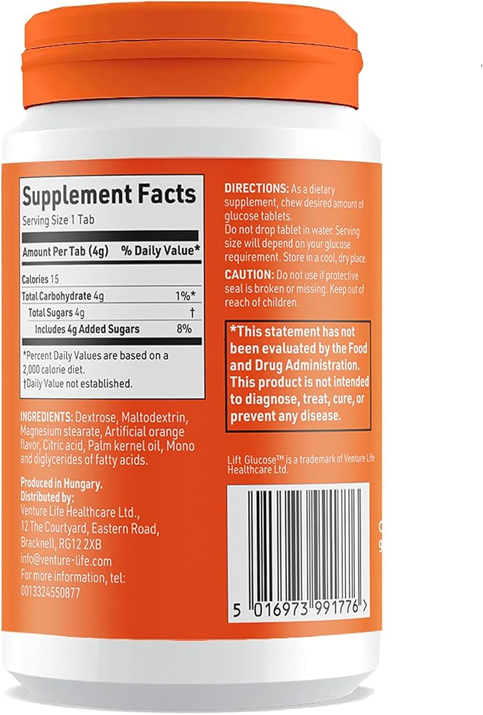 Lift Glucose Fast-Acting Glucose Chewable Energy Tablets, Orange, 50 ct Jar (Pack of 1)