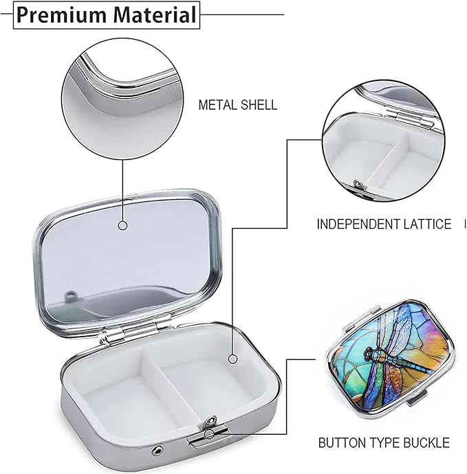 WATASSA Pill Box with Animal Style Mirror All-in-One 2-Compartment Portable Medicine Organizer, Marble Pattern Travel Pill Case for Vitamins&Daily Medication(Fits Pocket/Purse) (Iridescent Dragonfly)