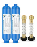 RV Inline Water Filter with 2 Flexible Hose Protector, Reduces Chlorine, Bad Taste, Corrosion, Rust, Sediments and Turbidity, Ideal for RVs, Garden, Gardening, Car Washing, Planting, 2 Pack