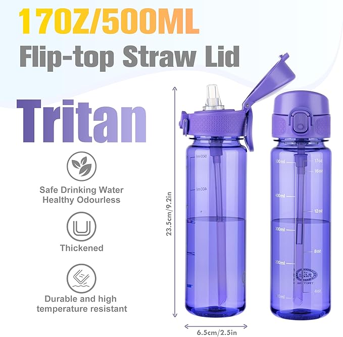 GOPPUS 17oz Kids Water Bottle for School -Straw, Leak-Proof Tritan Sports Bottle Time Marker Reusable for Girls Boys