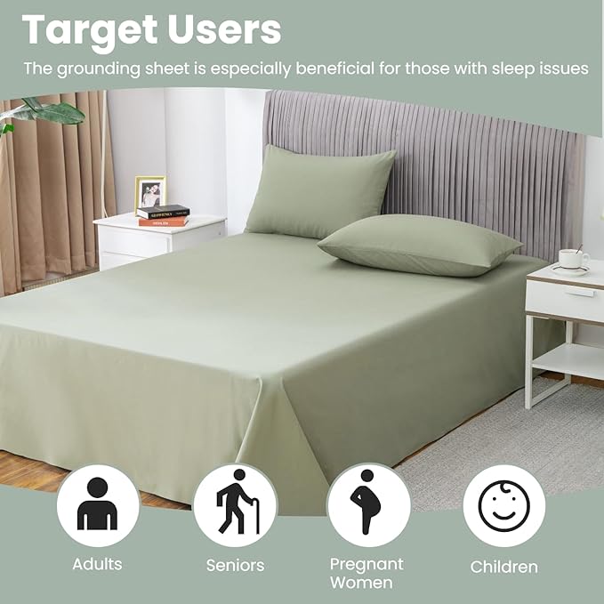 GLUYOHEY Grounding Flat Sheet Full Size (81"x96") Conductive Silver Fiber Earthing Bed Sheets with Grounded Cord Reconnect with Earth’s Energy for Better Sleep and Enhanced Wellness, Green