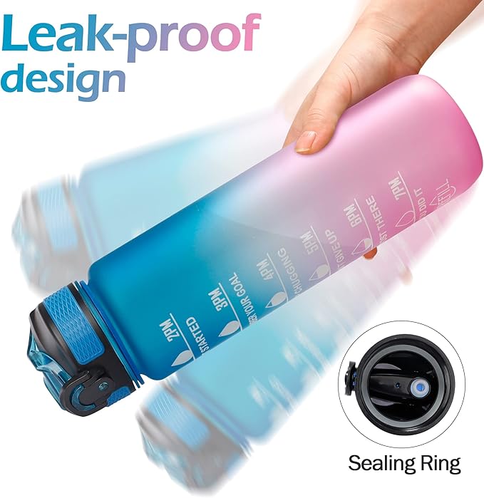 Motivational Water Bottle with Time Marker - 32oz, Leak-proof BPA Free Sports Water Bottles with Straw & Carrying Strap