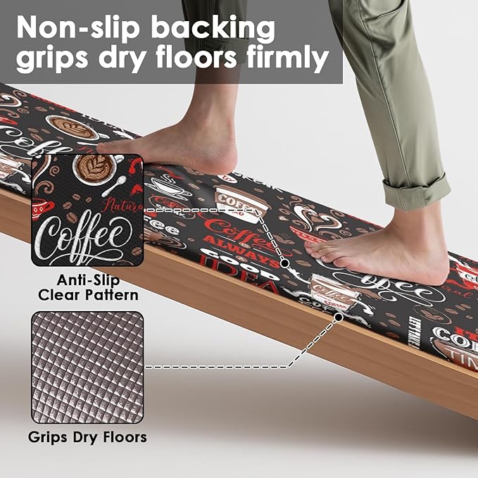 Arttown Coffee Cafe Vintage Anti-Fatigue Kitchen Rug Set of 2 Red Black Retro Farmhouse Cushioned Floor Standing Mat Waterproof Non-Slip Kitchen Mat and PVC Ergonomic Comfort Foam Rug