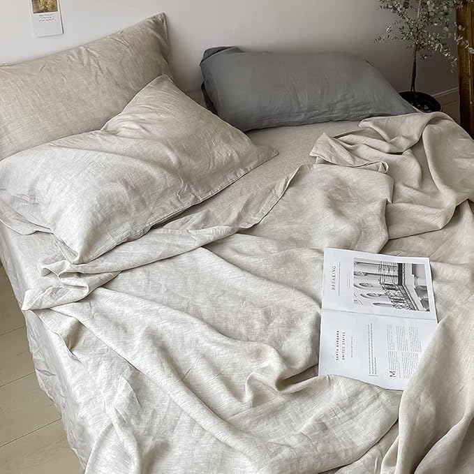 Simple&Opulence Washed Linen Bed Sheet Set Basic Style 4 Pieces (1 Flat Sheet & 1 Fitted Sheet & 2 Pillowcases) 100% Natural Linen Soft Breathable Farmhouse Bedding (Queen, Linen)