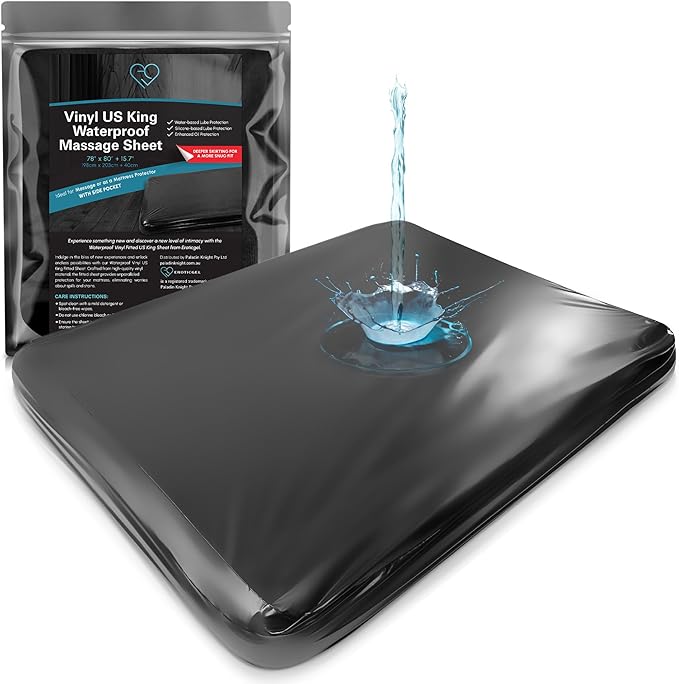 Black Vinyl US King Waterproof Fitted Massage Bed Sheet with Side Pocket | Mattress Protector, Bed Cover for Nuru Massage - Oil, Water-Based, Silicone Safe | 78″x 80″+15.7″ Deep Pocket