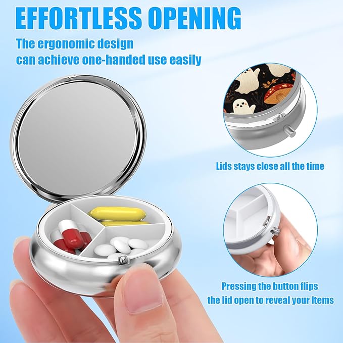 Funny Ghost Mushroom Pill Case, Pill Box 3 Compartments Metal Small Pill Holder with Mirror Mini Travel Pill Container for Purse Pocket Women Men