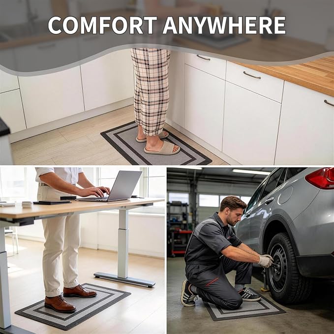 SHIZUKANA Comfort PVC Kitchen Mat for Floor with Geometric Design,3/4 inch Thick, 20x32 Anti Fatigue Cushioned Mat, Kitchen Rugs, Comfort Ergonomic Standing Mat,Waterproof Carpet, Black & Grey
