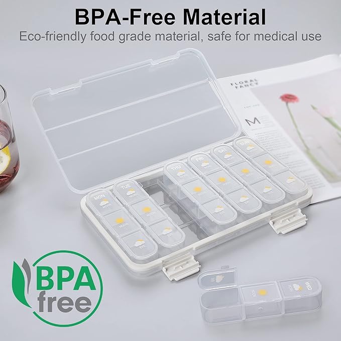 Pill Organizer 3 Times A Day, 7 Day Pill Box Case - Acedada Weekly Travel Pill Container 3X A Day, Large Medicine Dispenser Vitamins Case Supplements Holder Organizer, White