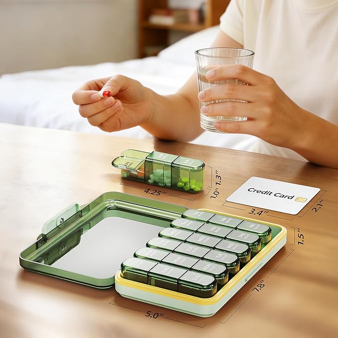 Weekly Pill Organizer 3X a Day, Detachable 7 Day Pill Box 3 Times a Day with Moisture-Proof Design, Portable Light-Proof Daily Pill Case for Pills,Vitamin,Fish Oil and Supplements(Green)