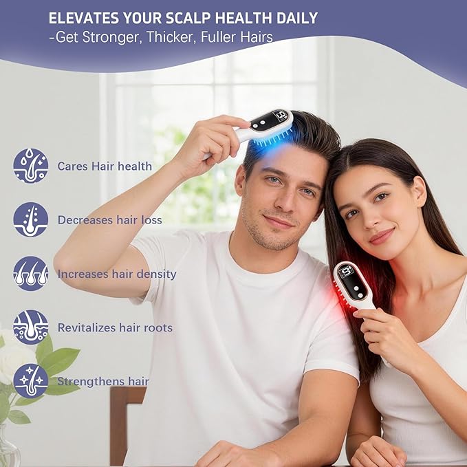 Karrong Hair Scalp Massager Comb, Red Blue Light Therapy Hair Care Brush, Automatic Vibrating Head Massage Comb for Men & Women
