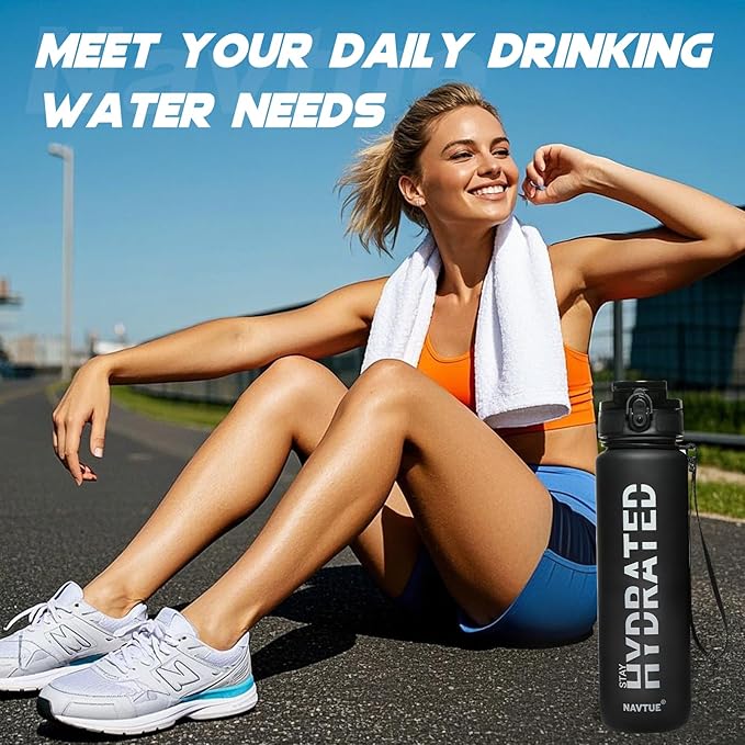 Water Bottle, 32 oz Sports Water Bottles with Time Marker Wide Mouth, Motivational and Leakproof Drink Bottle, BPA Free Tritan with Carry Strap for Gym Fitness Outdoor(1 Bottle)