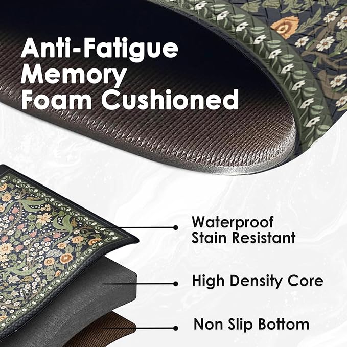 Arttown Kitchen Mats for Floor 2Pcs-Anti Fatigue Non Slip Mats for Kitchen Floor, Cushioned Waterproof & Stain-Resistant Plant Floral Mat Set, Laundry Room, Office, Sink, Desk (Black)