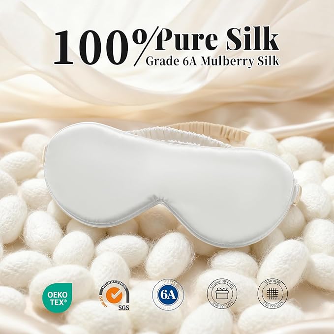 THXSILK 6A+ Grade 25 Momme Silk Sleep Mask, 100% Mulberry Blackout Eye Mask for Sleeping, Soft Lightweight Silk Eye Cover for Women, Men, Travel, Nap, Airplane(4.7×27.5inches, White)