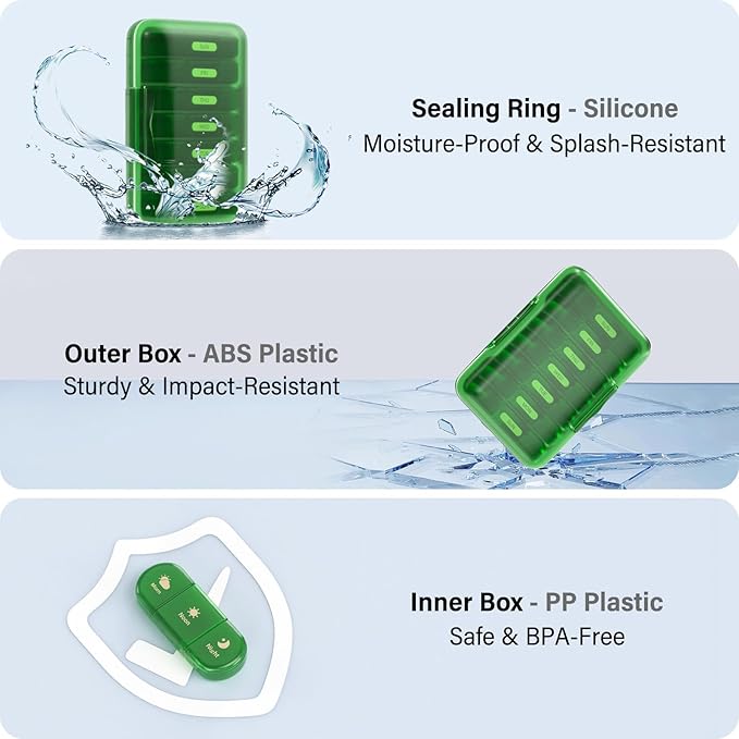 Weekly Pill Organizer 3X a Day, 7 Day Pill Box 3 Times, Portable for Travel Pill Case for Pills/Vitamin/Fish Oil/Medication/Supplements (3x7 Green)