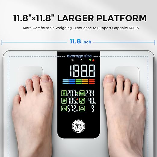 GE Smart Scale for Body Weight, BMI, Fat, Muscle Mass, Digital Bathroom Scales 500lbs Bluetooth 11.8" Large Platform Weighing Machine Health Monitor with App, White