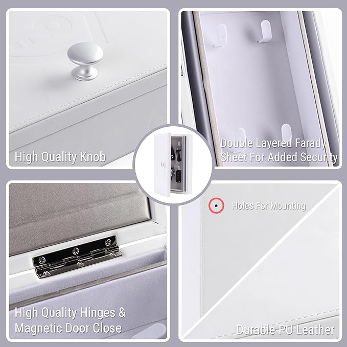 CKEYURE Premium XL PU Leather Faraday Box for Car Keys Wall Mount | Anti Theft Faraday Key Fob Protector | Faraday Cage | Car Key Holder | RFID Key Box | Key fob Signal Blocker (White)
