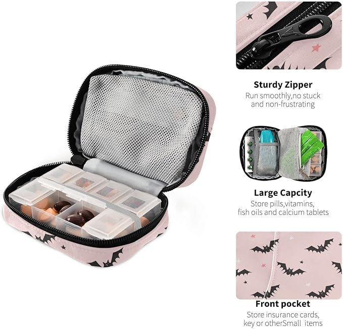 Halloween Bats Pink Pill Box 7 Day Pill Case Travel Pill Organizer Bag with Zipper Portable Weekly Vitamin Medicine Supplement Holder Pouch Bag