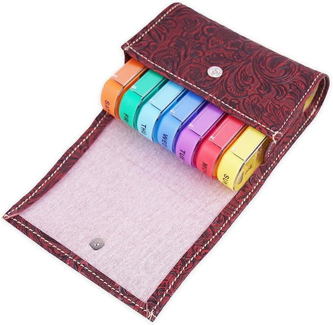 Pill Organizer,Haecsfl Weekly Travel Pill Case Box Medication Reminder Daily AM PM, Day Night 7 Compartments,for 4 Times A Day, 7 Days a Week-Includes Leather PU Carrying Case(1-Carved Red)