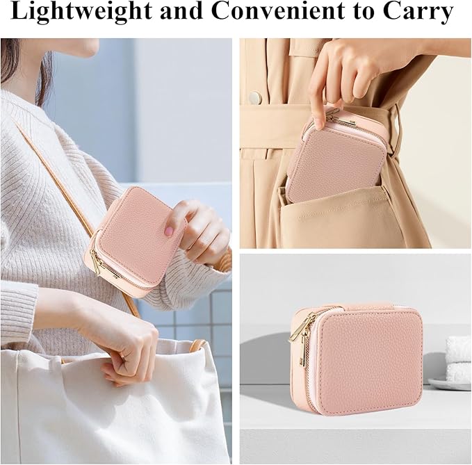 Weekly Pill Organizer Pink Portable Leather Travel Pill Organizer 7 Day with Detachable 8 Compartments, Cute Travel Pill Case for Vitamins & Medication, Weekly Medicine Container with Secure Zipper