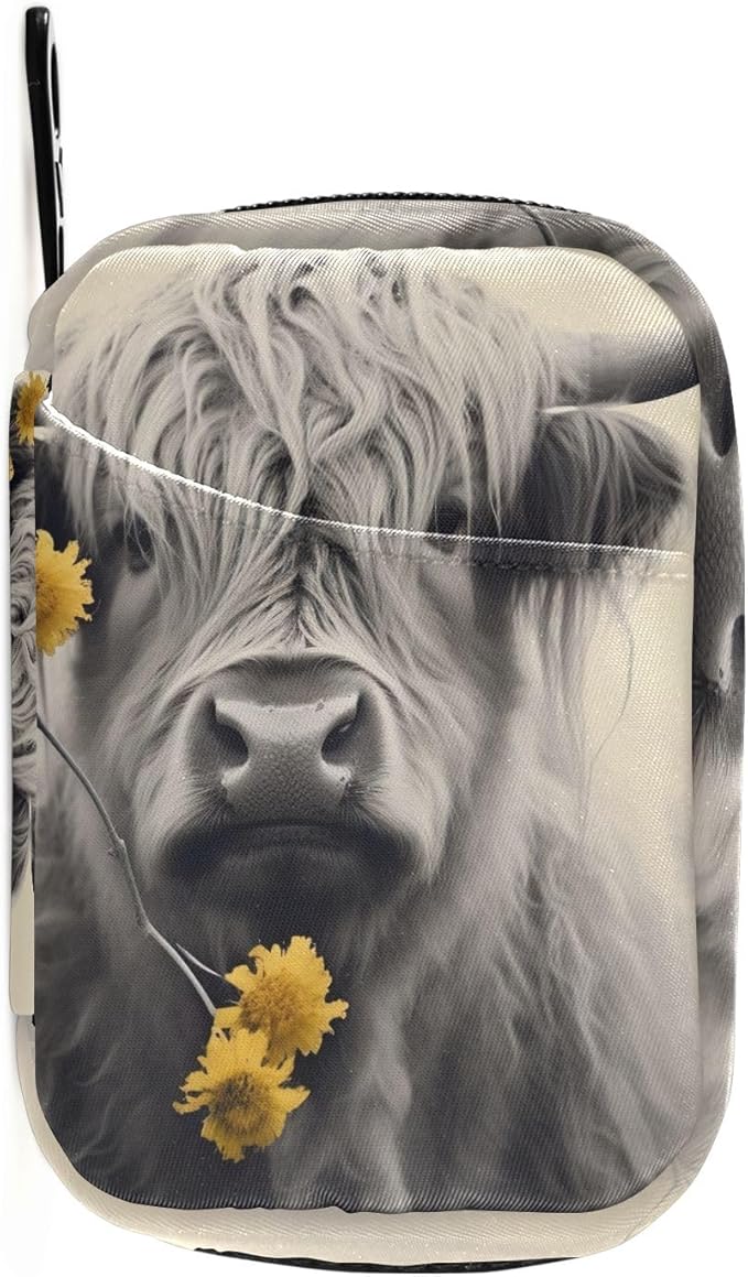 Highland Cow with Flower Pill Organizer Weekly Vitamin Case Bag with Zipper Portable Supplement Holder