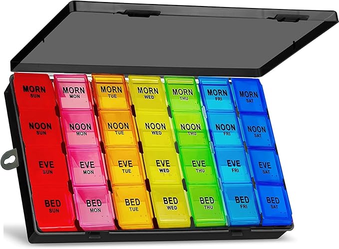 Weekly Pill Organizer 4 Times a Day, 7-Day Pill Boxes, Monthly Medication Organizer 28 Days Portable Compartments & Moisture-Proof Black Outer Case for Vitamins, Fish Oils, Supplements(Color)