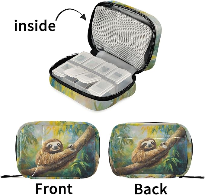 Fustylead Vintage Cute Tropical Sloth on Branch Oil Painting Travel Pill Organizer Bag with Zipper Small Pill Box 7 Day Pill Case for Purse Storage Weekly Vitamin Medicine Supplement