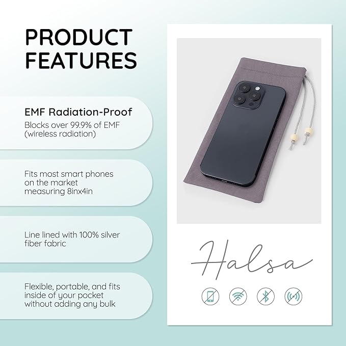 Halsa EMF Shield Sleeve for Cell Phone - Signal Blocking Anti-EMP Pouch - Smartphone Protection Case Against Radiation, EMF, 5G, RFID - Grey - 4x8 Inch Fits Most Phones