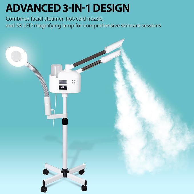 Professional 3 in 1 Facial Steamer Deep Cleaning Ozone Facial Steamer with 5X Magnifying Light & Rolling Wheels Hot/Cold Mist Function for Salon Spa Home Beauty Equipment, White