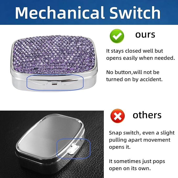 Pill Case for Purse Small Pill Box Holder Metal Compact Pill Organizer Travel Portable Pill Container Pocket Pill Holder for Vitamin Medicine(Purple)