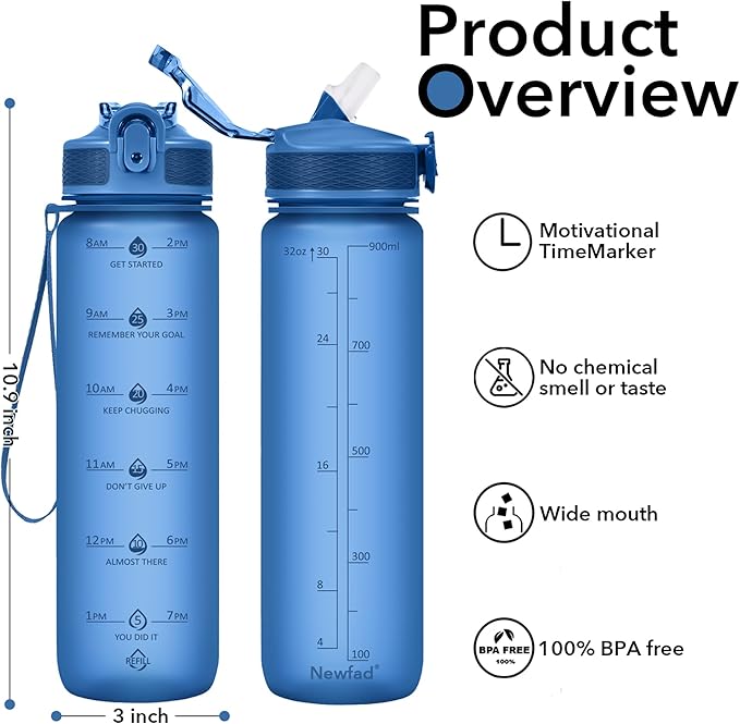 Water Bottle with Straw, Motivational 32 oz Water Bottles with Time Marker & No Sweat Sleeve, BPA Free Leak Proof Gym Bottle with Times to Drink