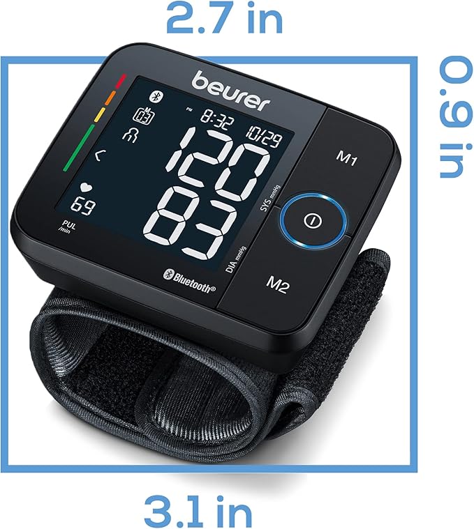 Beurer BC54 Wrist Blood Pressure Monitor with Bluetooth, Irregular Heartbeat Detector, Risk Indicator, Accurate Large Display, and Travel Case, Wrist Cuff up to 120 Memory Sets