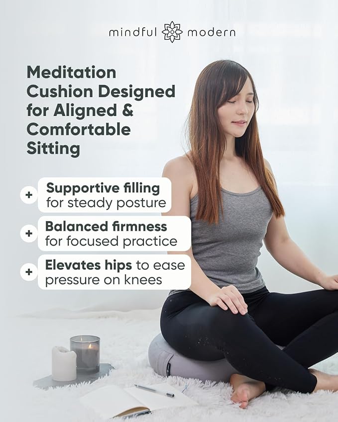 Mindful & Modern Large Meditation Cushion for Zafu Yoga - Meditation Pillow for Sitting on the Floor - Buckwheat Hull Filled Yoga Cushion with Removable, Washable 100% Cotton Cover and Carry Handle