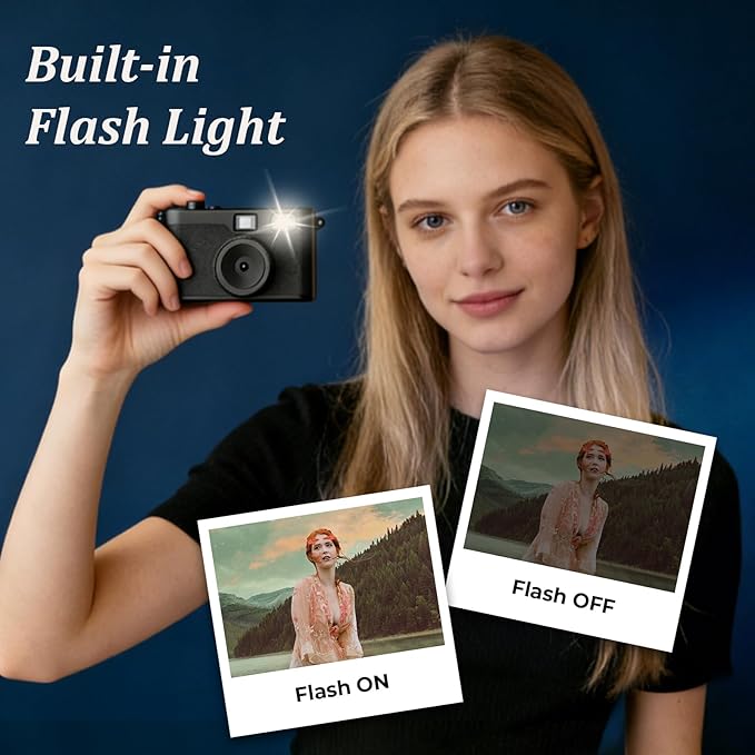 Screen Free Digital Camera, Reusable 12MP Vintage Digital Camera with Unlimited DIY Filters, OTG Support and Flash Light for Summer Camp with 32GB Micro SD Card, OTG Adapter and Type-C Cable（Black）