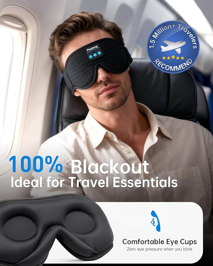 Perytong Sleep Mask with Bluetooth 5.4 Headphones, Wireless Sleep Eye Mask for Side Sleepers, 3D Contoured Comfort & Built-in HD Stereo Earphones, Blackout for Travel (Carbon Black)