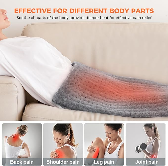NOWWISH Heating Pad for Back Pain Relief & Period Cramps, 12x24 Inches Electric Heating Pad with 10 Heat Settings, Timer and Auto Shut-Off, Machine Washable, Mothers Day Gifts for Mom Women, Grey