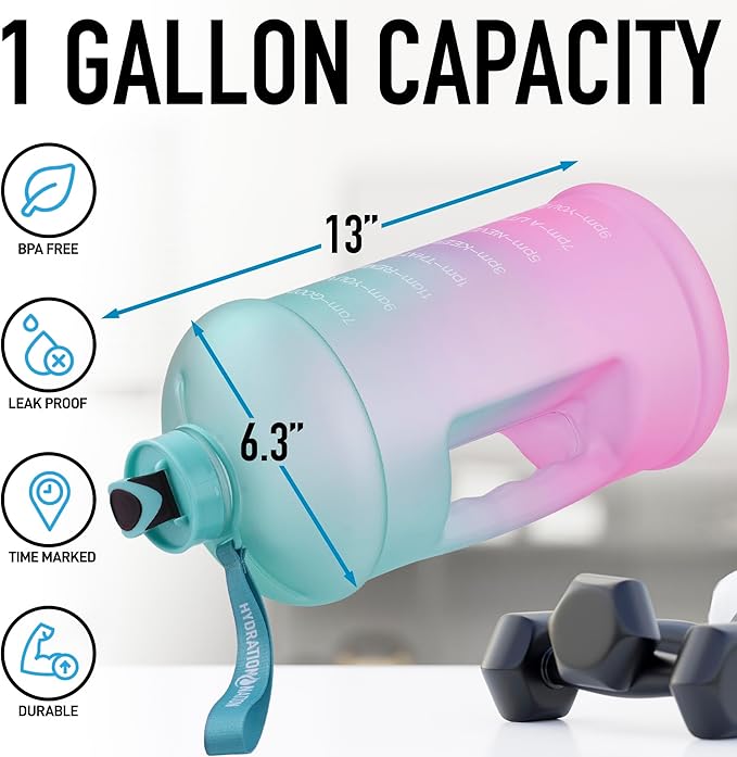 Hydration Nation 1 Gallon Water Bottle with Times to Drink - Motivational Time Reader Leak-Proof Jug with Flip Cap & Strap - 128oz Sports Bottle