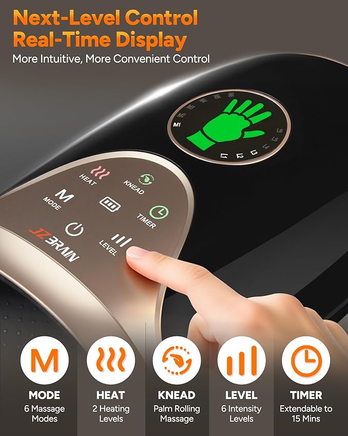 Hand Massager with Heat and Compression : Hand and Wrist Massager with Customizable Modes, Finger Stretch Function, Visual Display, Palm Roller - Daily Comfort for Women, Men, Home, Office Use,Black