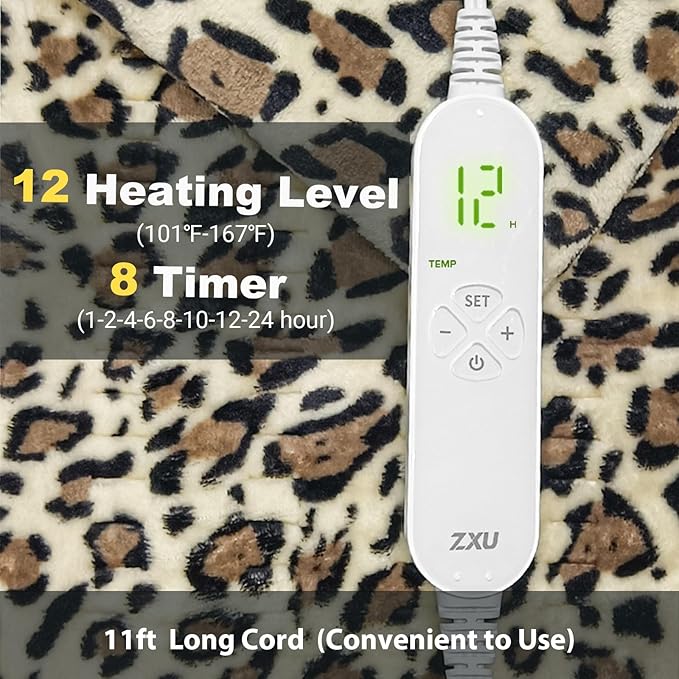 ZXU Heating Pad for Back Pain and Cramps Relief, Ultra Soft Microplush Heating Pad with 12 Heat Setting,Moist Heat ，1-24Hour Auto Shut Off, Stay on Function Hot Heated Pad (Leopard Print) 12” x 24”