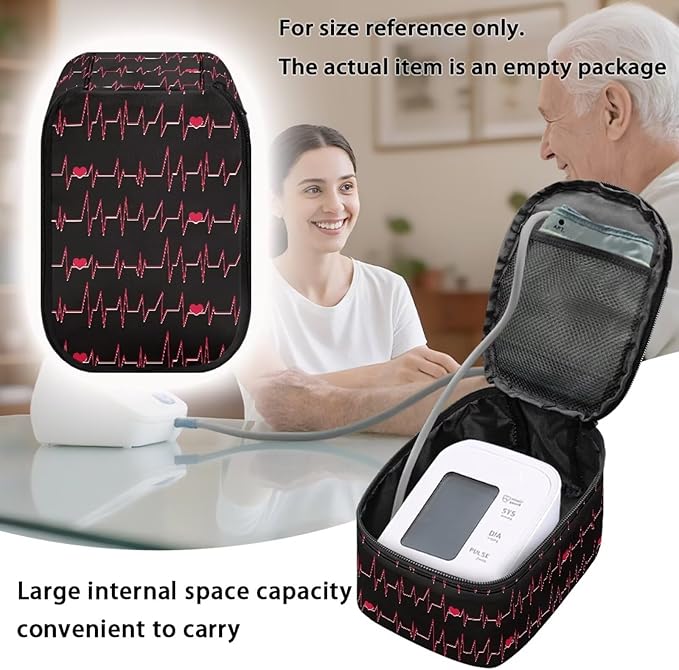 Heartbeat Print Blood Pressure Monitor Case with Mesh Pockets Portable Travel Storage Case for Blood Pressure Monitor and Accessories